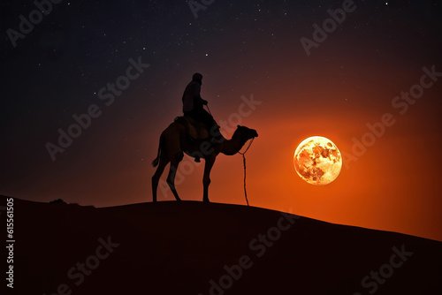Tuareg riding a camel in desert at night with red full supermoon in the background. Generative Ai