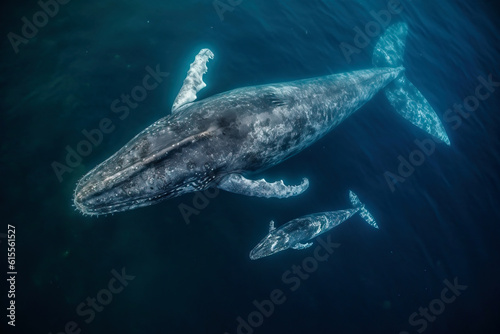 Gorgeous aerial view of two Humpback Whales diving together in the ocean. Amazing Wildlife. Generative Ai