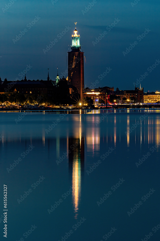 Stockholm, Sweden A view of the City Hall or Stadshuset at night in the summer.