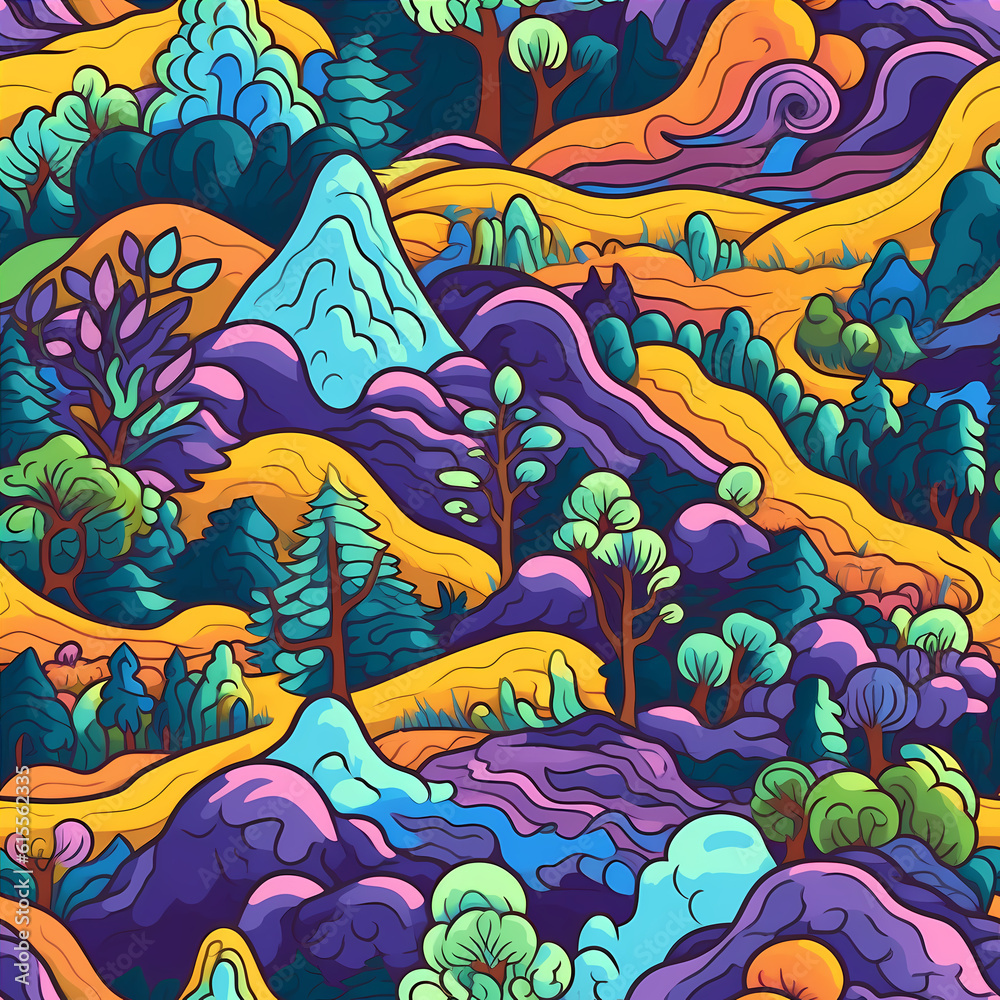 Abstract seamless pattern with colorful forest. Trees and hills. Background for various surface. Perfect for print, textile, fabric, kids wallpaper.