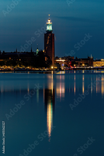 Stockholm, Sweden A view of the City Hall or Stadshuset at night in the summer.