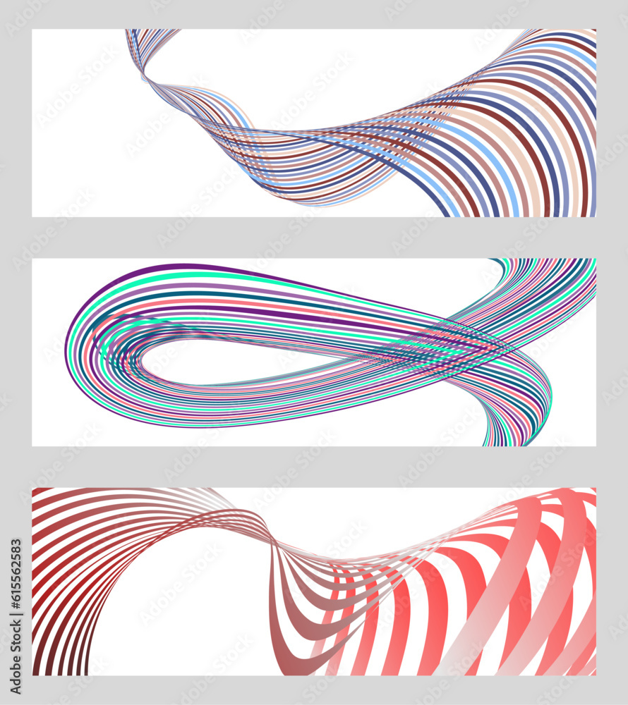 Wavy lines or ribbons. Set of 3 backgrounds. Multicolored striped gradient. Creative unusual background with abstract gradient wave lines to create a trendy banner, poster. vector eps Wavy lines or ribbons. Set of 3 backgrounds. Multicolored striped gradient. Creative unusual background with abstract gradient wave lines to create a trendy banner, poster. vector eps