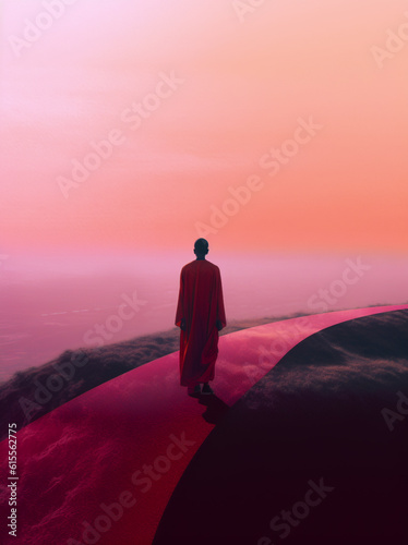 AI-generated metaphorical illustration, a serene monk walks atop a breathtaking landscape, symbolizing the spiritual path. A guide and inspiration for those seeking spiritual growth.