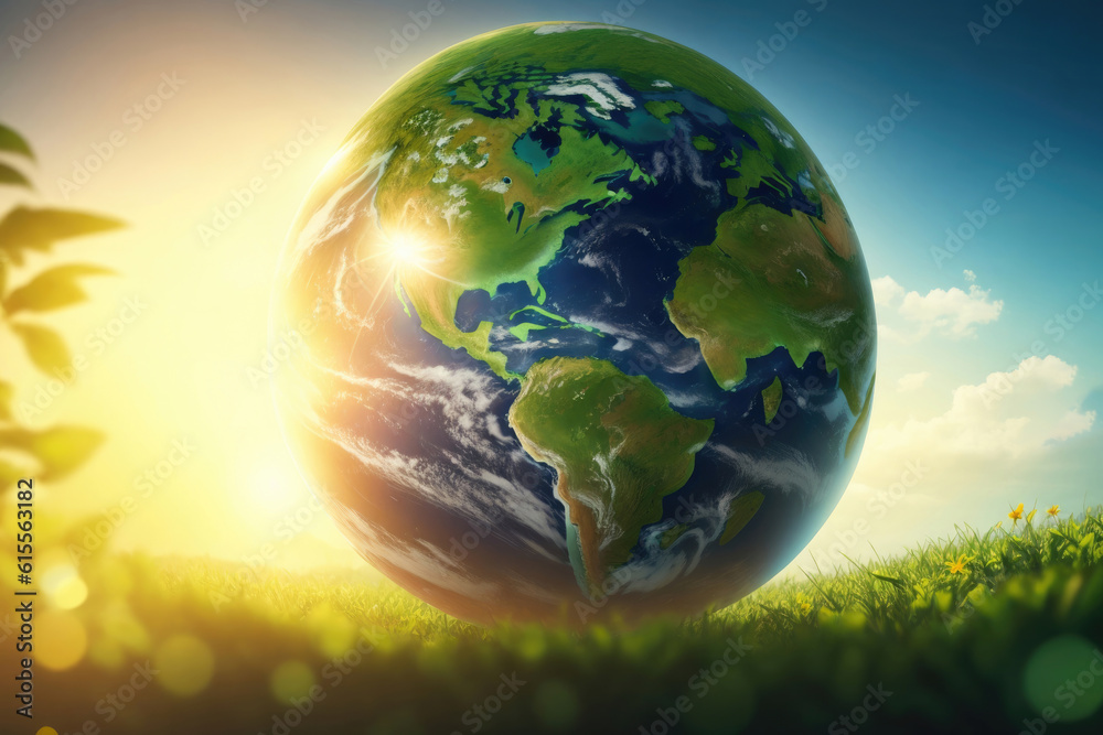 a globe on bright green grass. Earth Day Concept, Eco Education, Environmental Awareness, ai generative