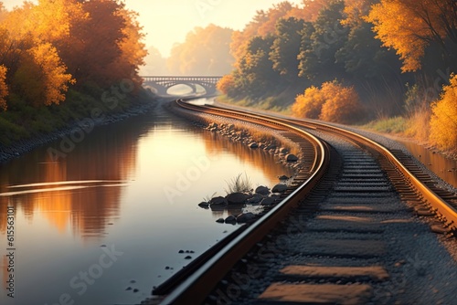Railroad tracks along a shallow river with forest in the distance  ai generative