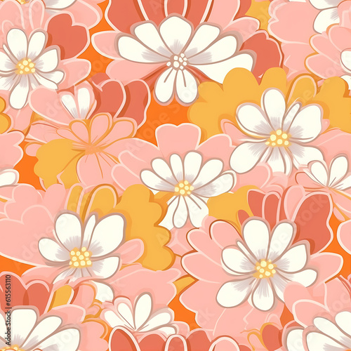 Colorful Large Scale Hand-Drawn Floral Vector Seamless Pattern. Retro 70s Style Nostalgic Fashion Textile Bold Background. Summer Resort Print. Daisies. Flower Power © ckybe