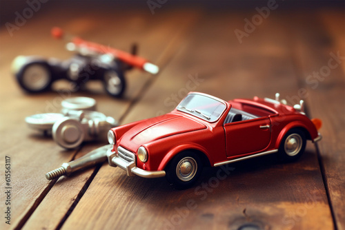 Concept of repair maintenance and servicing model of red cabriolet and wrench on wooden surface © bojel