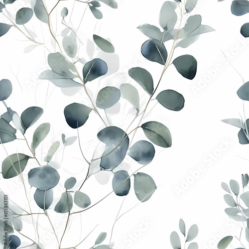 Watercolor silver dollar eucalyptus seamless pattern. Hand painted eucalyptus branch and leaves isolated on white background. Floral illustration.