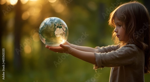 a little girl holds a glass earth ball in her hand