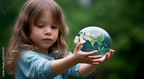 a little girl holds a glass earth ball in her hand