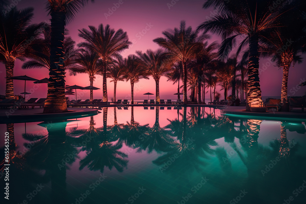 Fototapeta premium pool at sunset with palm, Moonlit Serenity: Palm Trees on the Beach at Nighttime - A Captivating Blend of Pop Inspo and Nostalgia, Bathed in Light Orange and Aquamarine