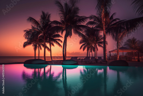 pool at sunset with palm, Moonlit Serenity: Palm Trees on the Beach at Nighttime - A Captivating Blend of Pop Inspo and Nostalgia, Bathed in Light Orange and Aquamarine