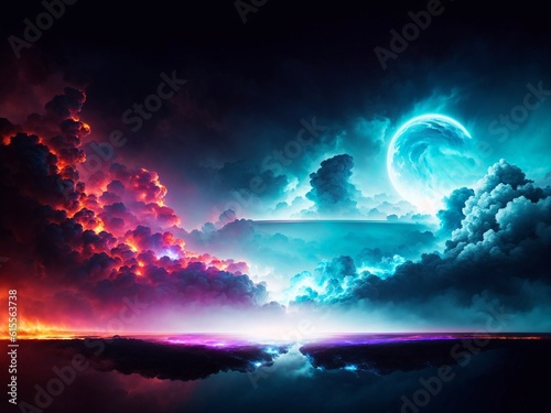 Photo of a colorful painting capturing the ethereal beauty of planets and clouds in the sky