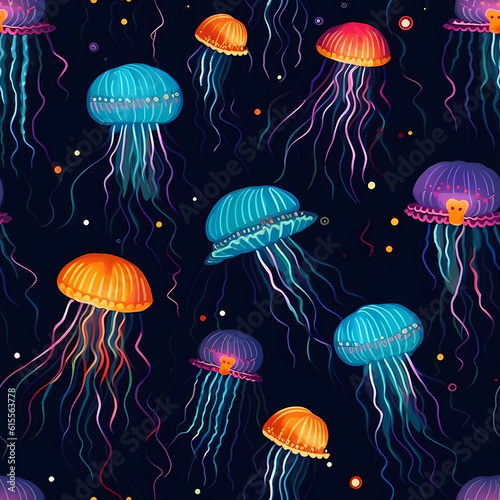 Abstract colorful jellyfish seamless pattern art. Cartoon line illustration design. Jelly fish,sea seamless pattern concept