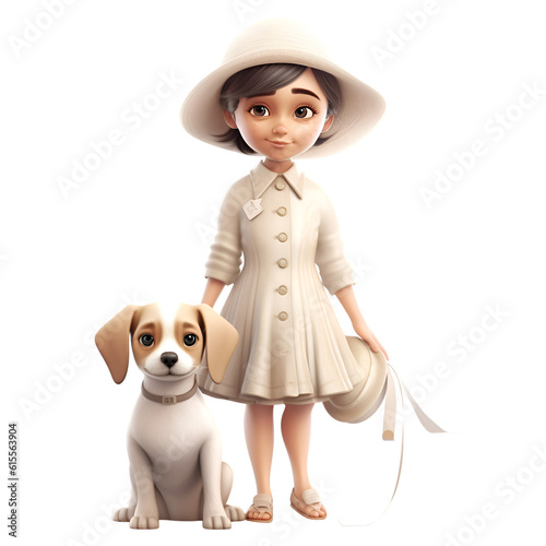 Little girl in a hat and coat with a dog isolated on white background © Muhammad