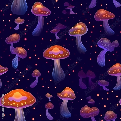 Seamless illustration with mushrooms, bright psychedelic colors. Purple and orange colors.