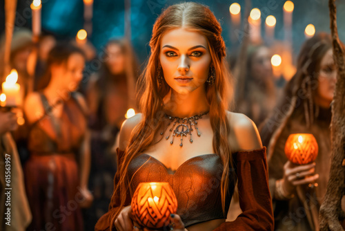 Beautiful young Caucasian woman engaging in a Celtic Pagan ritual to celebrate Samhain. Mystical ambiance and sacred traditions that mark this important event in the Wiccan calendar photo
