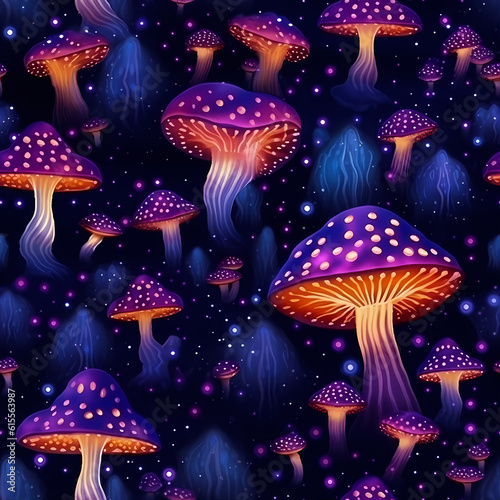 Seamless illustration with mushrooms, bright psychedelic colors. Purple and orange colors.