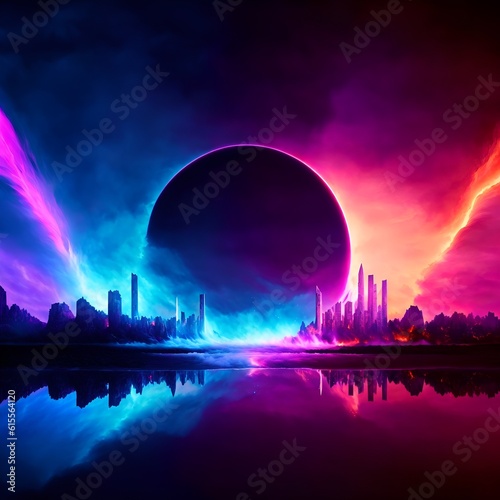 Photo of a vibrant futuristic city with a colossal spherical structure at its heart
