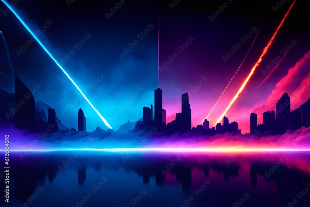 Photo of a surreal futuristic cityscape with vibrant light reflections on the water