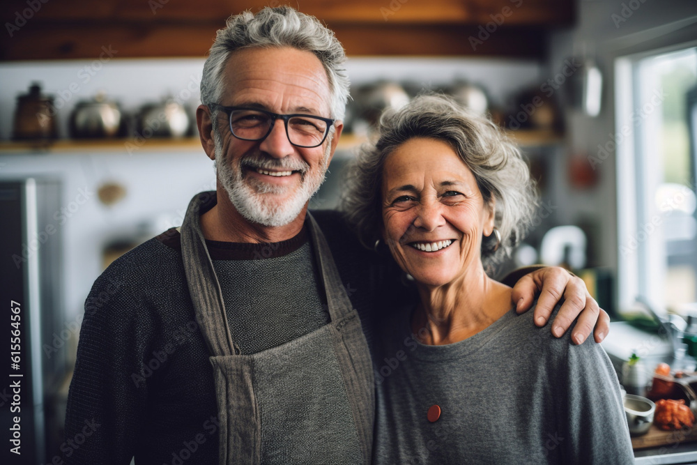 Retired couple hugging with a smile indoors. High quality photo Retired couple hugging with a smile indoors. High quality photo
