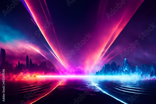 Photo of a futuristic cityscape with glowing lights and reflection on a calm body of water