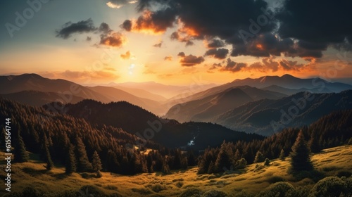 Majestic Sunset Over a Serene Mountain Landscape. Generative AI © BraveSpirit