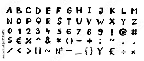 Scribble black english latin abc alphabet font with digits and symbols handmade A to Z, 0 to 9 set. Vector illustration in doodle style isolated on white background. For typography, learning, logo.
