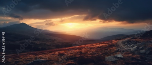 Majestic Sunset Over a Serene Mountain Landscape. Generative AI