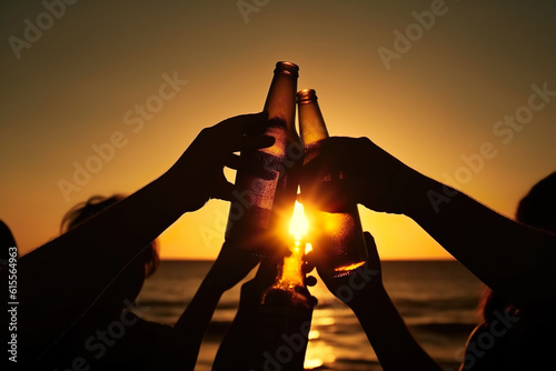 silhouette of a person holding a bottle of beer, Sunset Cheers: A Photo-Realistic Hyperbole of Silhouetted Arms Cheering Beer Bottles on the Beach, Creating Lively Tableaus in a Cult Party Atmosphere photo