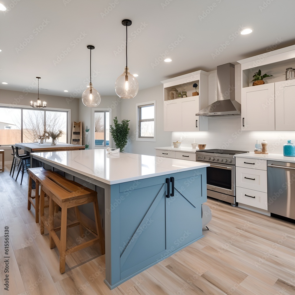 light farmhouse styled kitchen with white counters and painted island ...