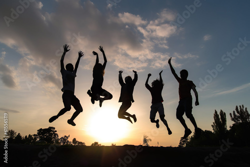 jumping people silhouettes, Boundless Joy: Friends Leaping in the Air, Silhouettes Focused on Joints and Connections - A Bronze Smilecore Moment of Emotional Impact, Against a Sundown