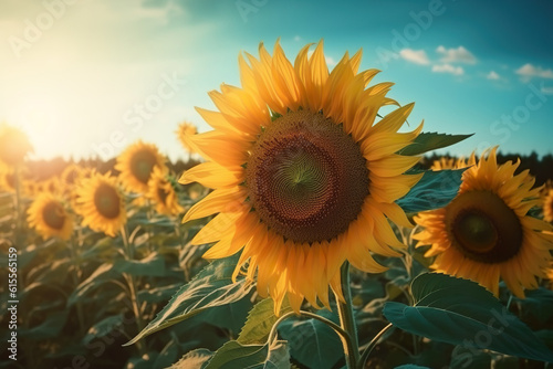 sunflower field in summer  Fields of Radiance  A Captivating Photograph of Sunflowers in Full Bloom  Basking in the Summer Sunlight  Radiating Youthful Energy and Vibrant Colors