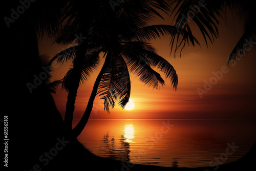 A Captivating Moment: A Photo-Realistic Landscape of the Sun Rising over a Palm Tree at Sunset. Romantic Seascapes and Detailed Foliage Convey the Serenity
