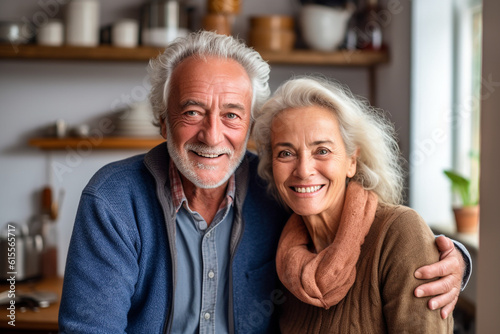 Retired couple hugging with a smile indoors. High quality photo