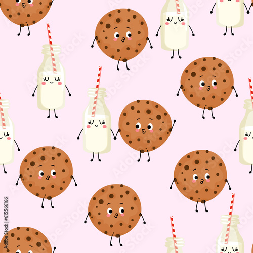 Chocolate cookies and milk on rose background - funny hand drawn doodle, seamless pattern. Cartoon background, texture for Christmas wrapping paper, bedsheets, pajamas.