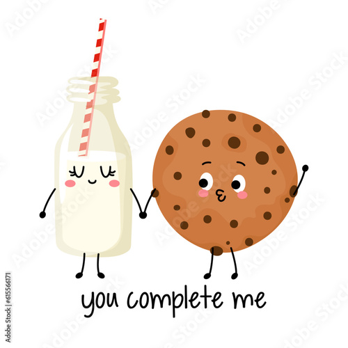 You complete me - Cute hand drawn milk and cookie couple illustration kawaii style. Valentine's Day poster. Good for posters, greeting cards, banners, textiles, gifts, shirts, mugs. 