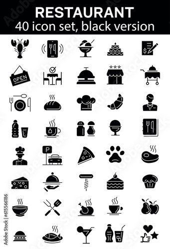 Restaurant icon set, black vector illustration