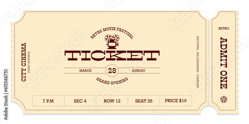 Event ticket template in vintage style in brown on light background. For cinemas, parties, clubs, concerts and other events. Vector, printable. Just add your text.