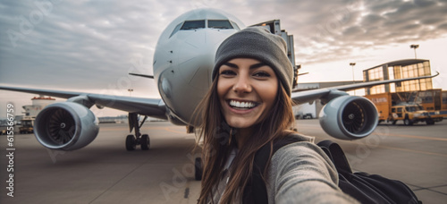 person in front of airplane taking a selfie before holidays. Image generative AI. 