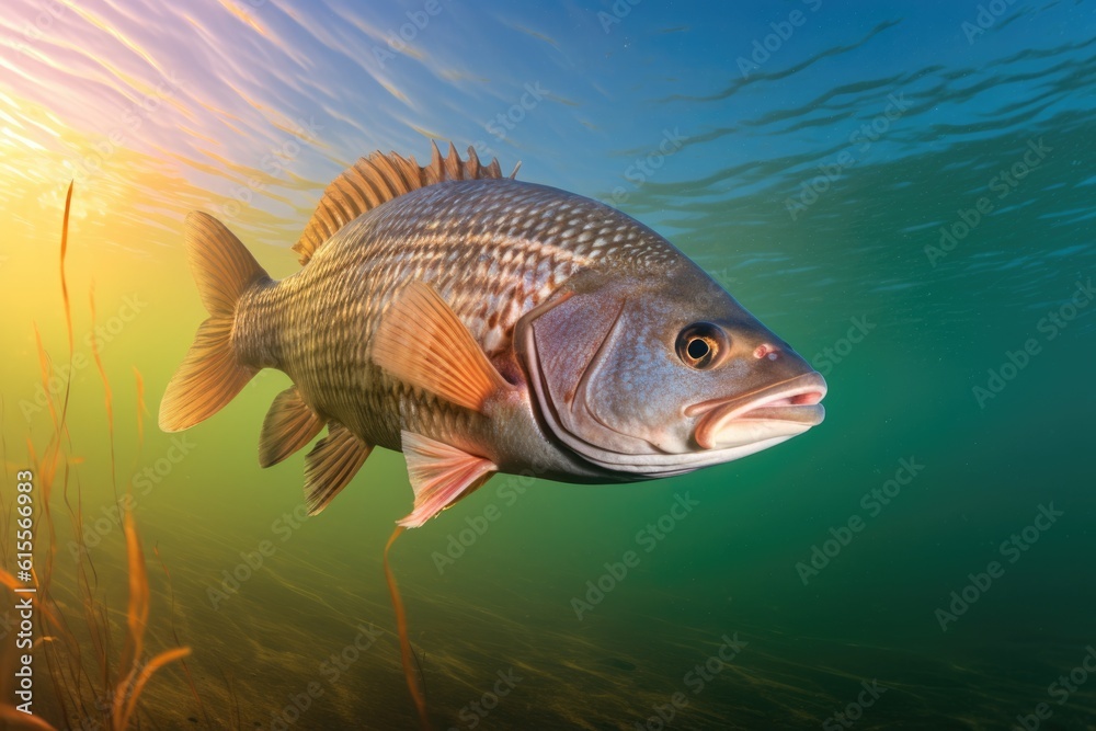 Striped Bass Swimming Below the Water Surface Closeup Striped Bass Swimming Below the Water Surface Closeup