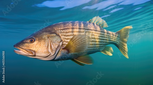 Striped Bass Swimming Below the Water Surface Closeup 