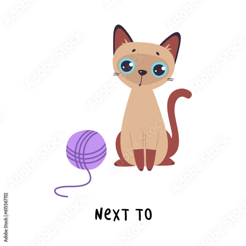 Little Brown Cat Sitting Next to Yarn Ball as English Language Preposition for Educational Activity Vector Illustration photo
