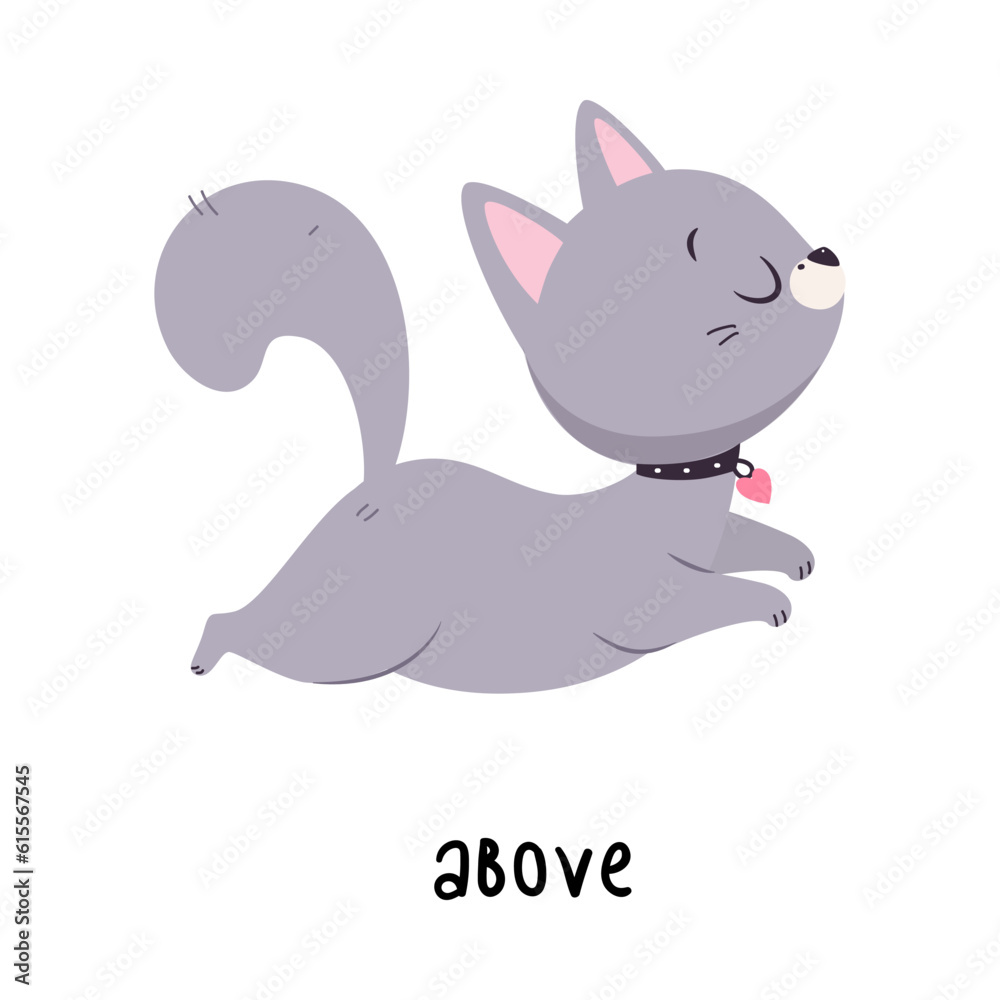 Little Grey Cat Above as English Language Preposition for Educational Activity Vector Illustration
