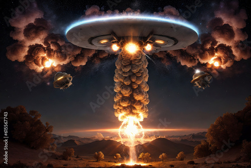 mystical giant round space ship with glowing beam of light and smoke clouds between two small ufo over planet with trees and mountains photo