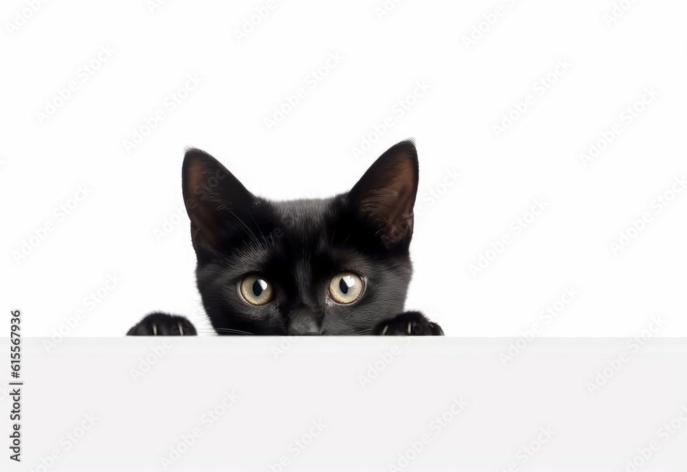 Adorable Bombay Kitten Peeking Out from Behind White Table with Copy Space, Isolated on White Background. Generative AI. Adorable Bombay Kitten Peeking Out from Behind White Table with Copy Space, Isolated on White Background. Generative AI.