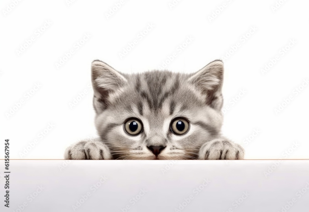 Adorable British Shorthair Kitten Peeking Out from Behind White Table with Copy Space, Isolated on White Background. Generative AI.