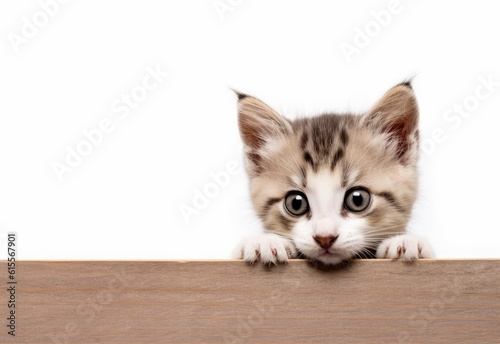 Adorable Balinese-Javanese Kitten Peeking Out from Behind White Table with Copy Space, Isolated on White Background. Generative AI.