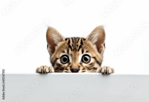Adorable Bengal-Savannah Kitten Peeking Out from Behind White Table with Copy Space, Isolated on White Background. Generative AI.