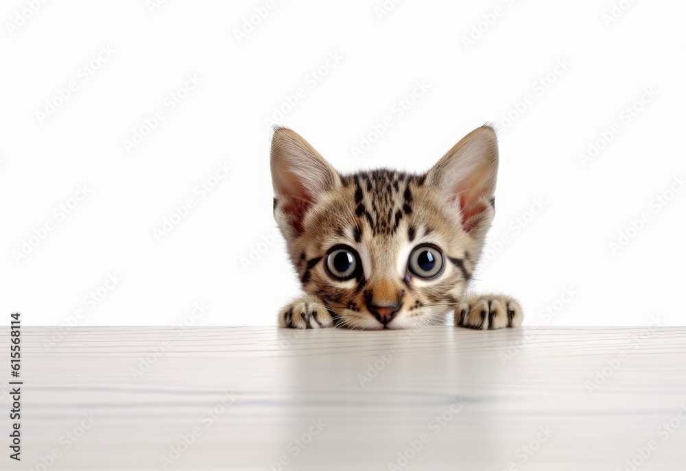 Adorable Egyptian Mau-Bengal Kitten Peeking Out from Behind White Table with Copy Space, Isolated on White Background. Generative AI.